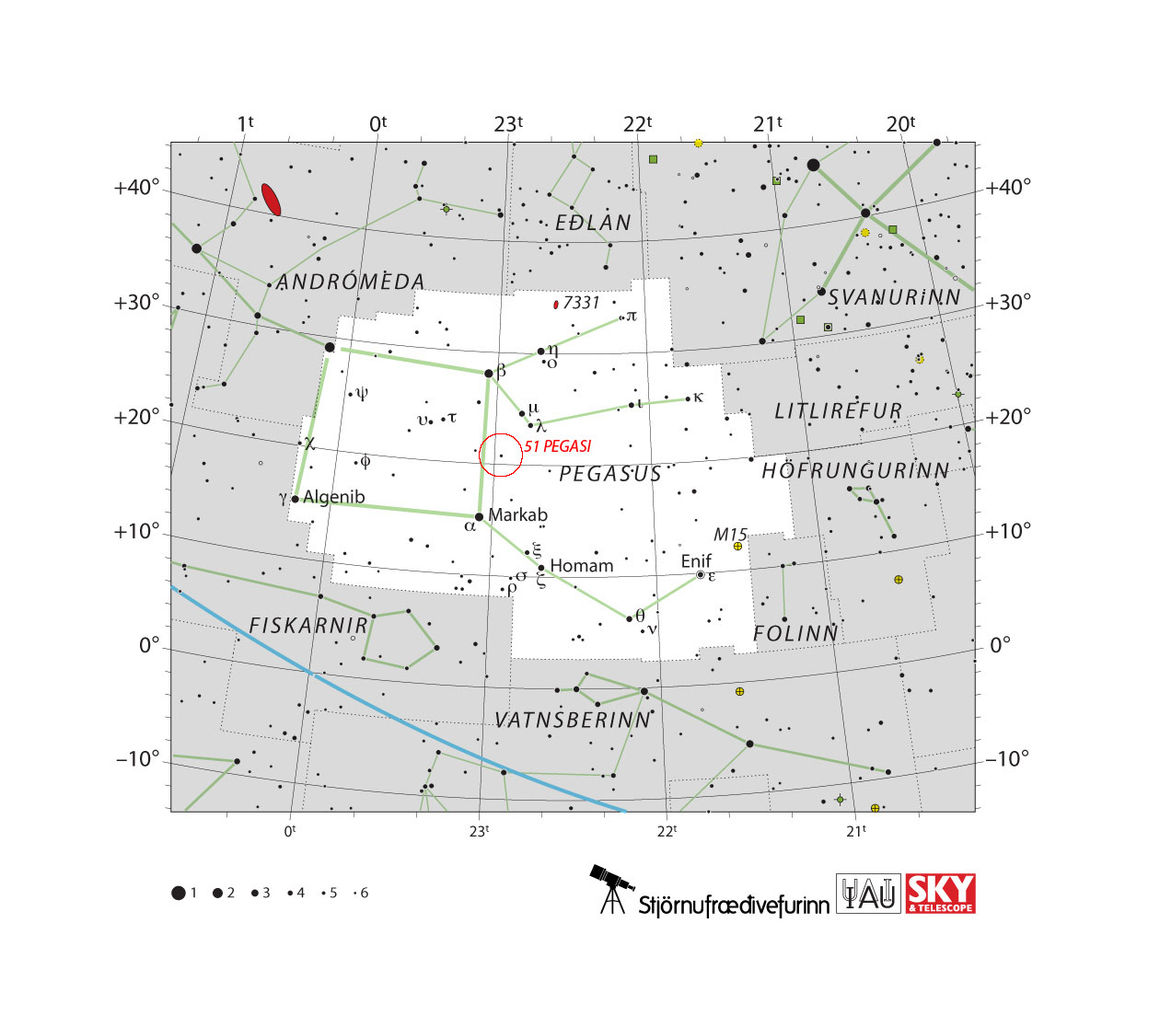 Kort af 51 Pegasi í Pegasusi. Mynd: Stjörnufræðivefurinn