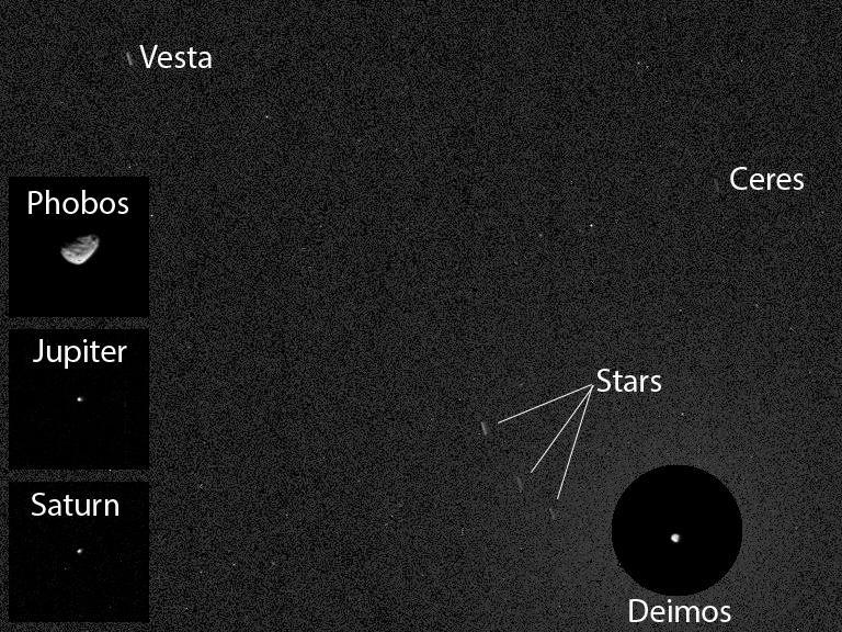 Fóbos, Vesta, Ceres, Júpíter og Satúrnus á himninum yfir Mars