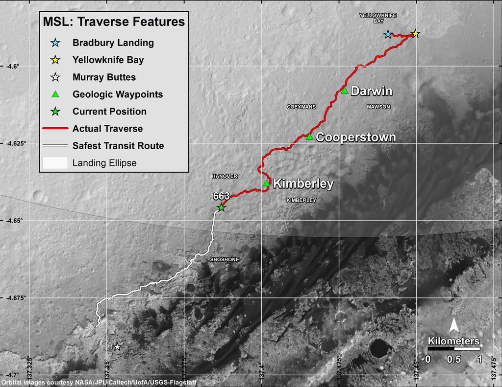 Ferðalag Curiosity um Gale gíginn fyrstu 663 dagana á Mars. Mynd: NASA/JPL-Caltech/Univ. of Arizona/USGS
